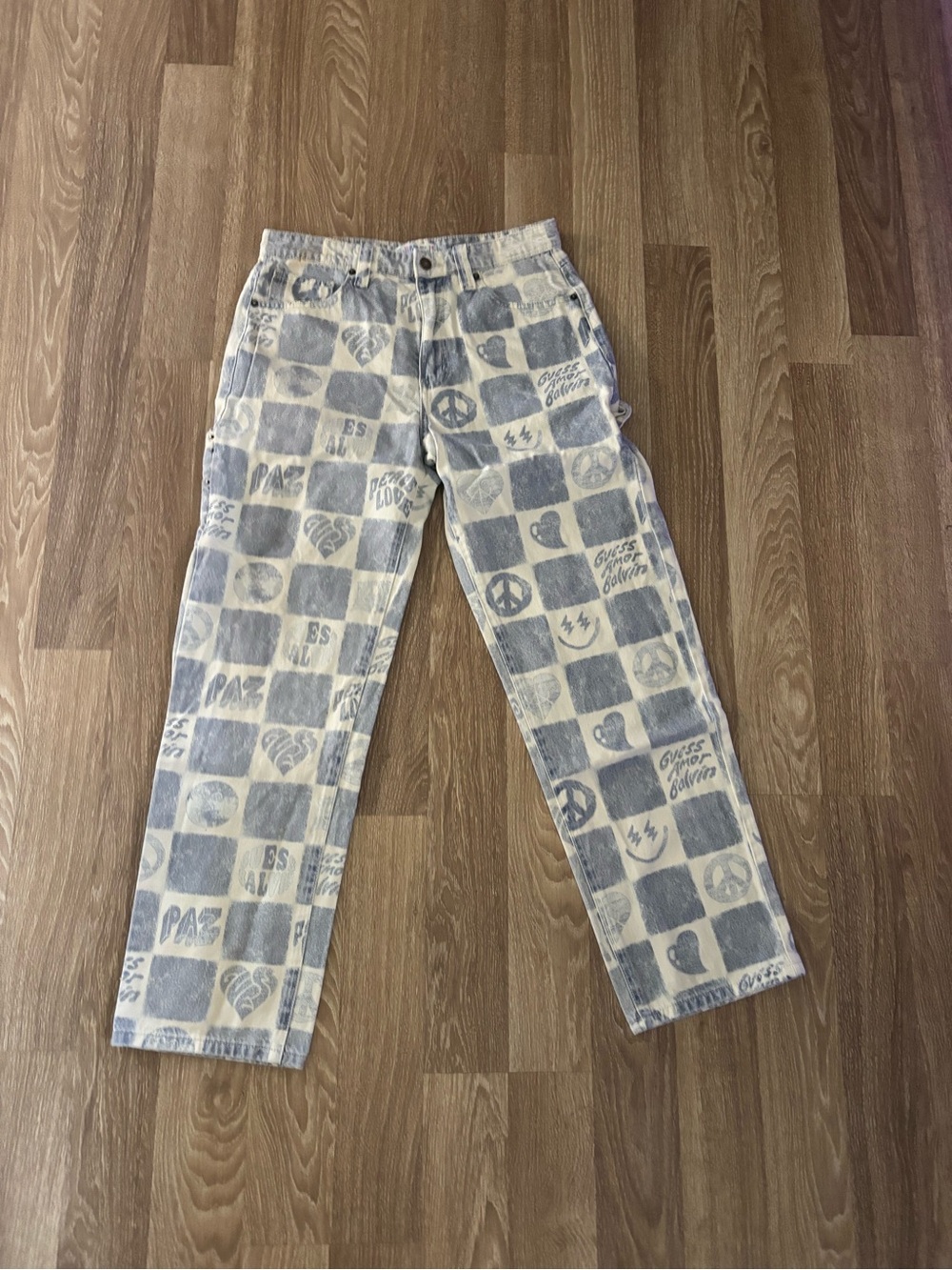 RARE GUESS Originals J Balvin SS 2022 Amor Carpenter Pants Jeans Checkered Sz 30